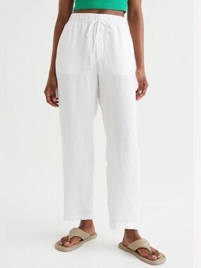 H&M White Linen Pants Cropped Elastic-Waist Tapered Classic Fit